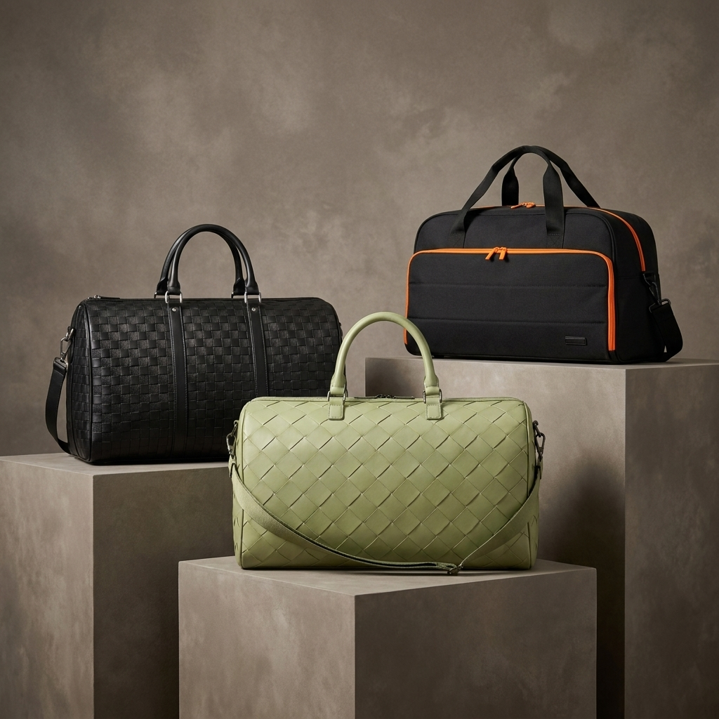 Duffels collection - dark mottled beige backdrop with risers, actual duffel bags