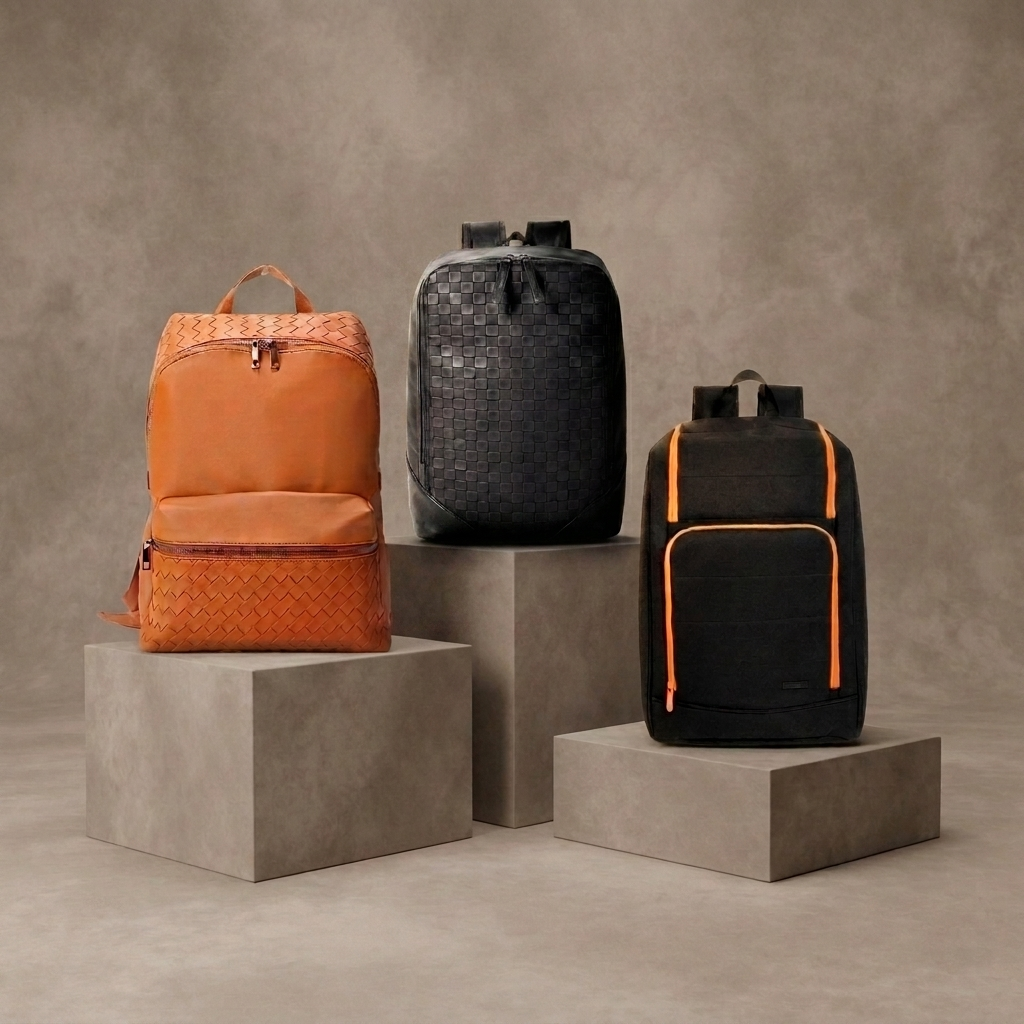 Backpacks collection - dark mottled beige backdrop with risers, true black, harmonized lighting
