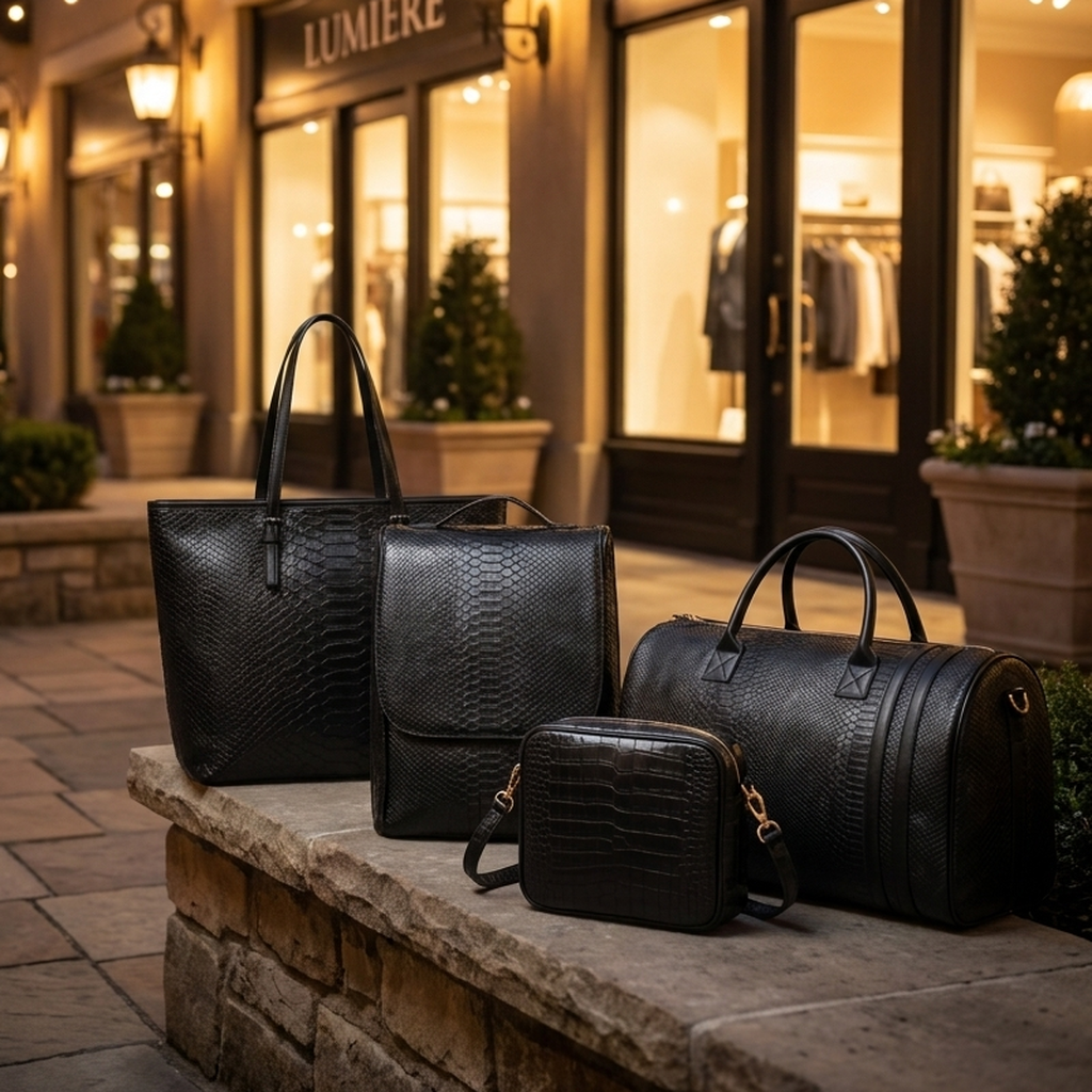 Croc collection - upscale shopping district at night, zoomed on bags