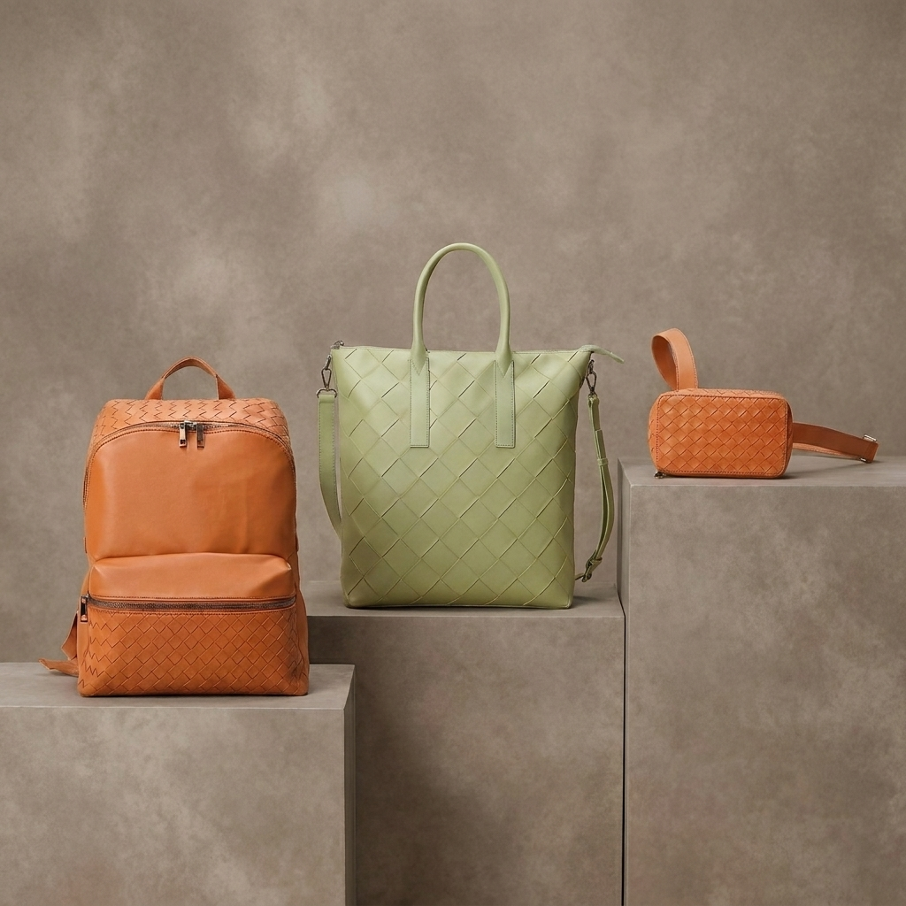 Woven Bags collection - dark mottled beige backdrop with risers