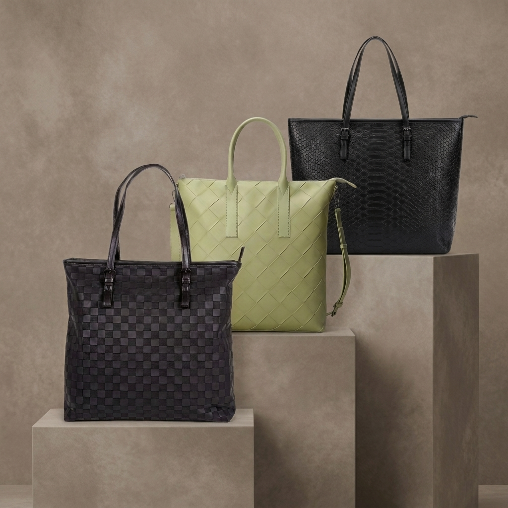 Tote Bags collection - dark mottled beige backdrop with risers