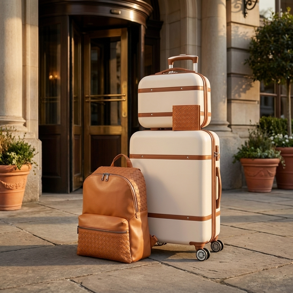 Venezia - Continuity 2 collection - cream hard-sided case and spinner luggage, tan woven backpack and bi-fold wallet, outside a European hotel entrance at golden hour