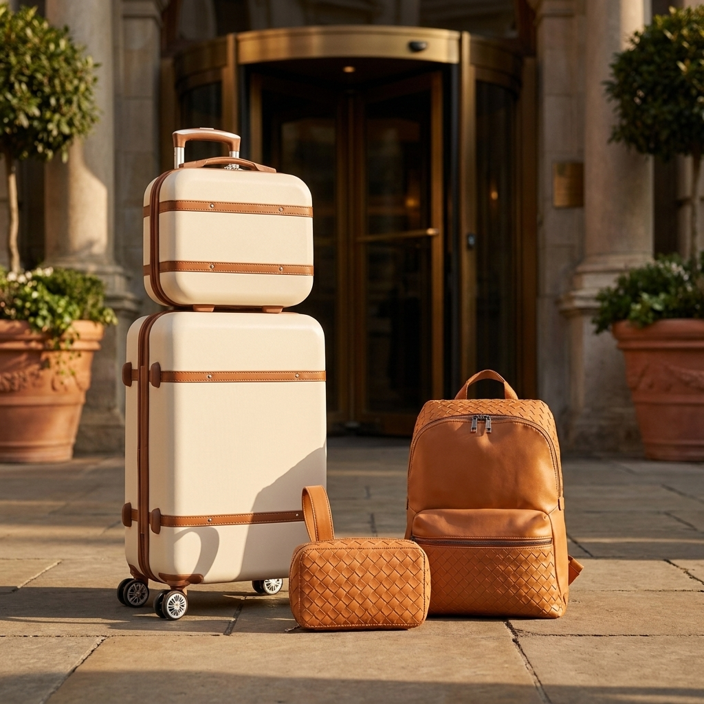 Venezia Continuity 1 lifestyle - 20-inch hard-sided spinner, 12-inch case, woven crossbody, and woven backpack