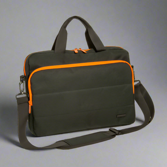 Black and orange bag with a shoulder strap on a white background